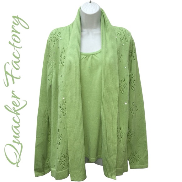 NEW Quacker Factory Snowflake Lime Green Mock 2PC Cardigan Sweater Womens Large - Picture 10 of 15